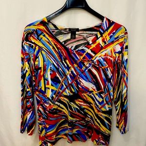 Peck & Peck Abstract Bold Red Blue Pullover Vneck XL Beaded Sparkle Women’s